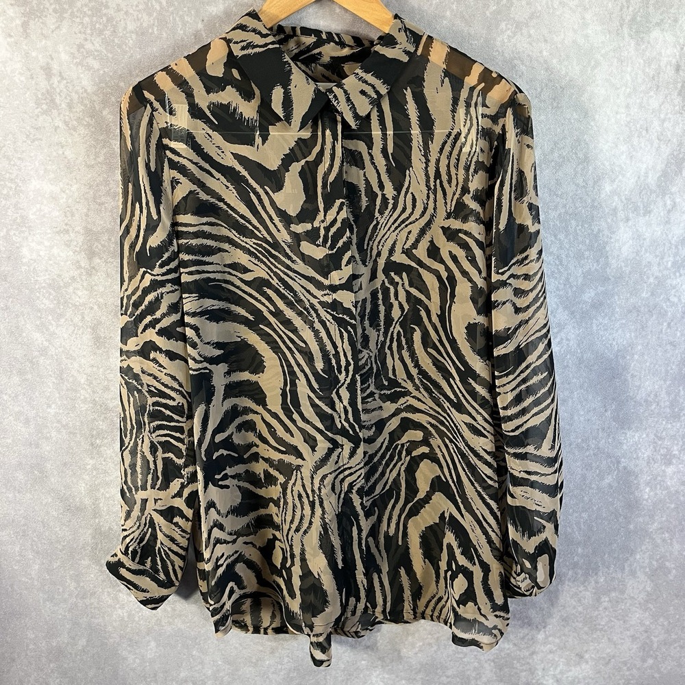 Ichi Sheer Blouse Women 40 / US 8 Blk Tan Animal Print Long Sleeve Button Shirt